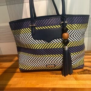 REBECCA MINKOFF PERFECTION BLUE PURPLE STRIPE WEAVE LEATHER large TOTE BAG